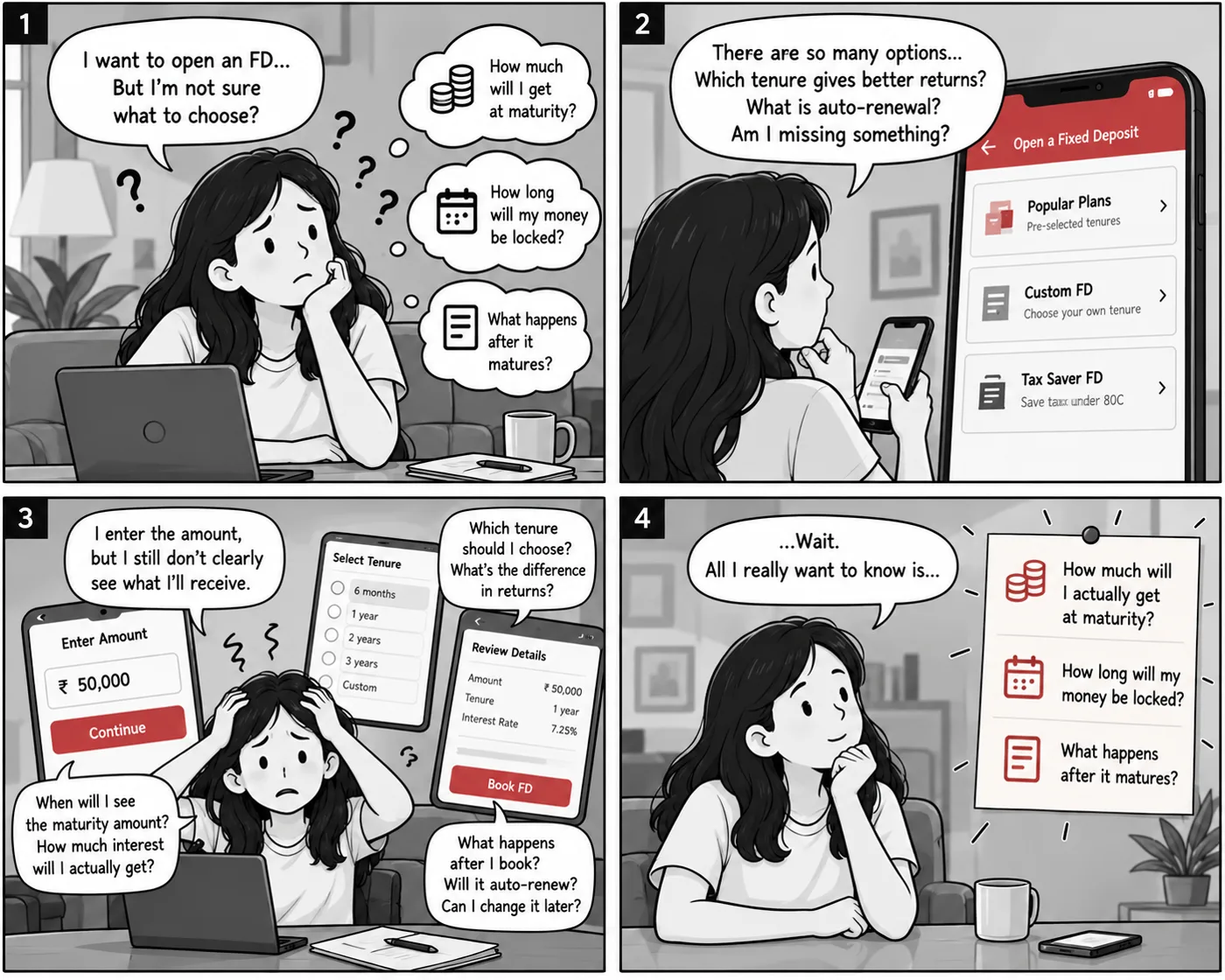 Four panel black and white comic. Panel 1, a woman at a laptop wants to open an FD and asks how much she will get at maturity, how long her money will be locked and what happens after it matures. Panel 2, she scrolls a banking app with Popular Plans, Custom FD and Tax Saver FD and asks which tenure gives better returns. Panel 3, she enters 50,000 rupees and still cannot see what she will receive, with questions about tenure and auto renewal. Panel 4, she realises all she wants to know are those three questions.