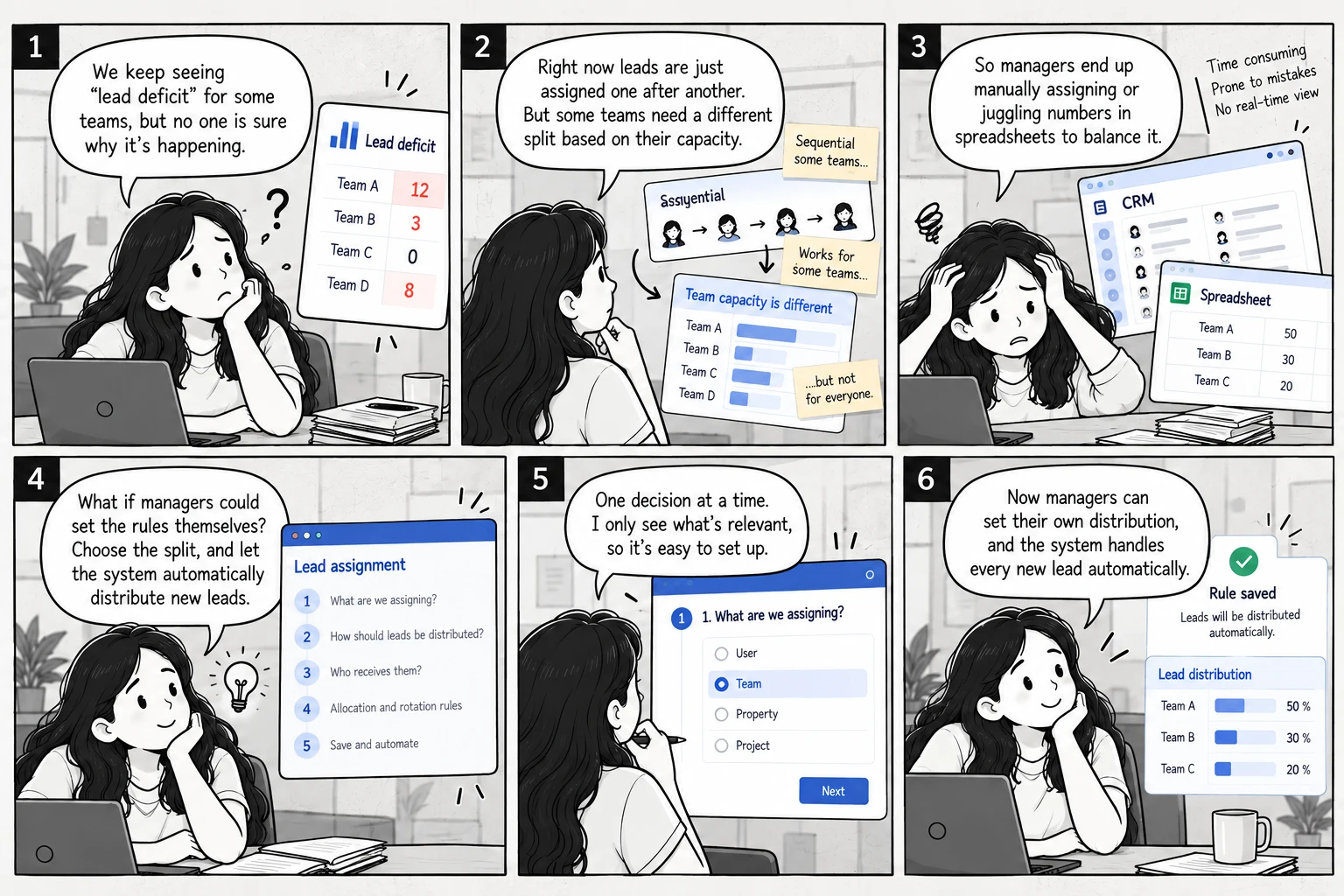Six panel black and white comic. 1, a manager sees lead deficit numbers for four teams and does not know why. 2, leads are assigned one after another, but some teams need a different split based on capacity. 3, the manager assigns by hand or juggles spreadsheet numbers, which is time consuming, error prone and has no real time view. 4, the manager imagines setting the rules and letting the system distribute leads. 5, a configuration asks one question at a time, starting with what is being assigned. 6, the rule is saved and leads are distributed automatically, for example 50, 30 and 20 percent.