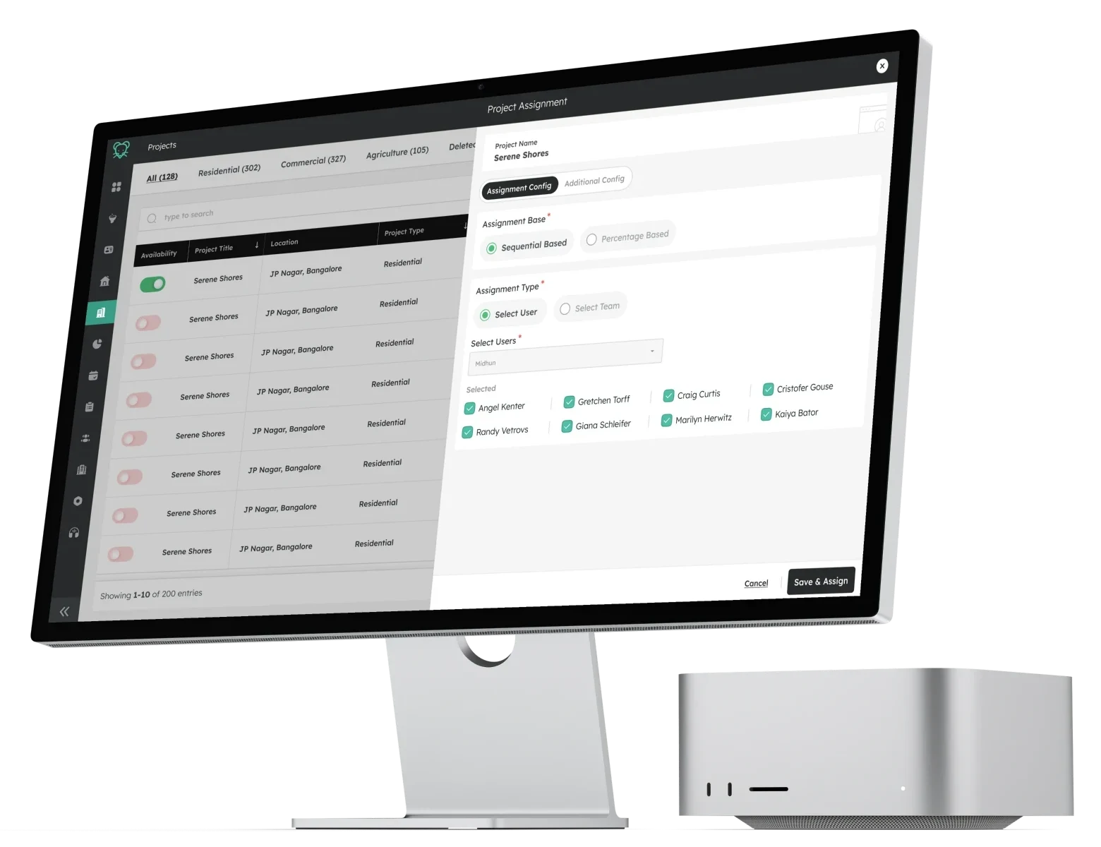 The shipped Project Assignment modal on a desktop display: Serene Shores, Assignment Config, Sequential Based, Select User, eight users selected, with a Save and Assign button