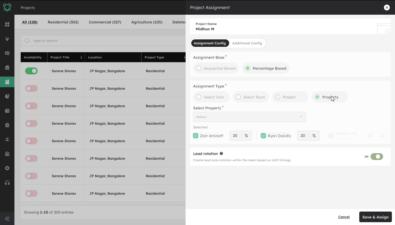 Percentage Based, Property, two selected users at 20 percent each, Lead rotation toggled on