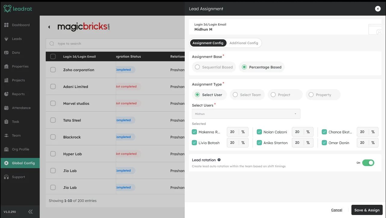 Percentage based assignment config screen showing six agents each set to a live quota field