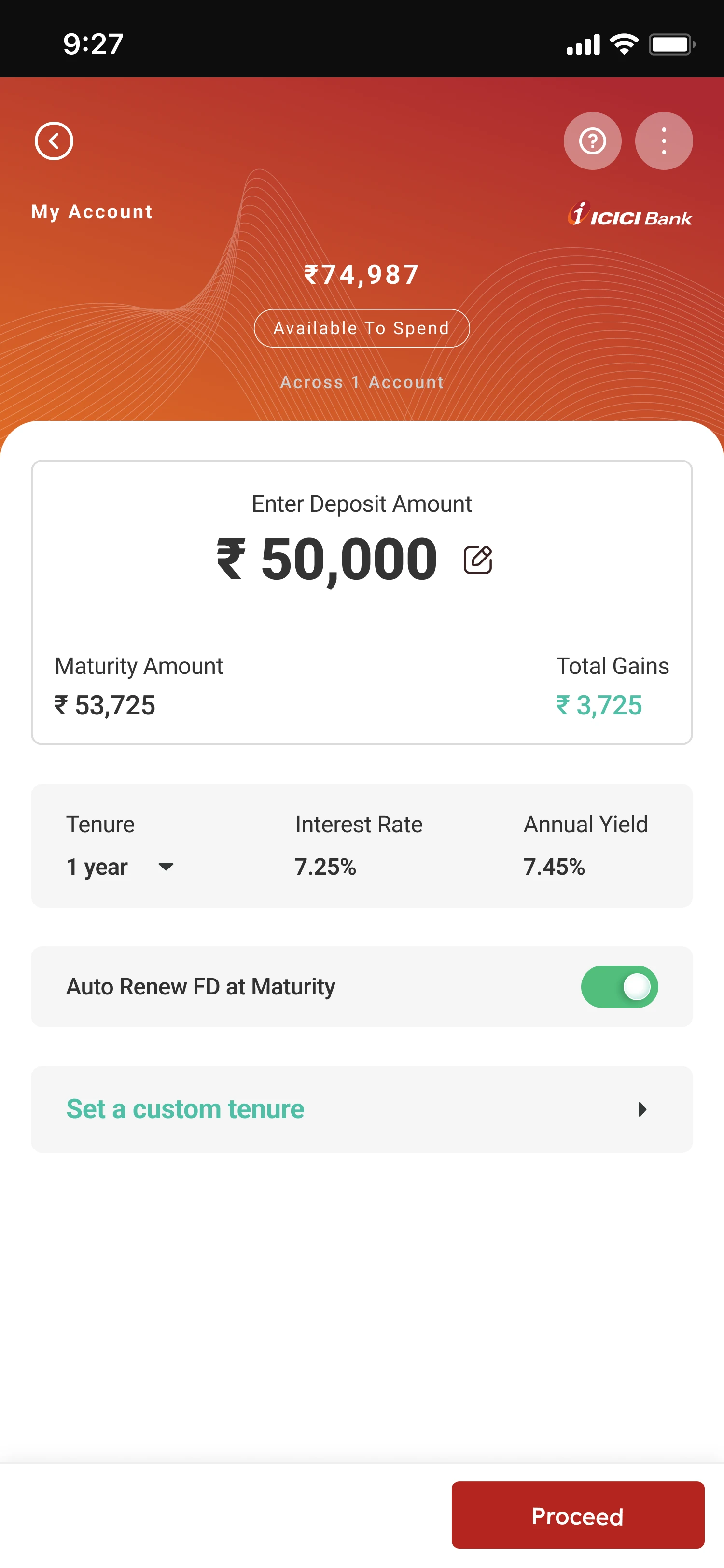 Redesigned FD deposit screen: 50,000 rupees entered with the maturity amount 53,725 rupees and total gains 3,725 rupees directly below, then tenure, interest rate, annual yield and an auto renew switch