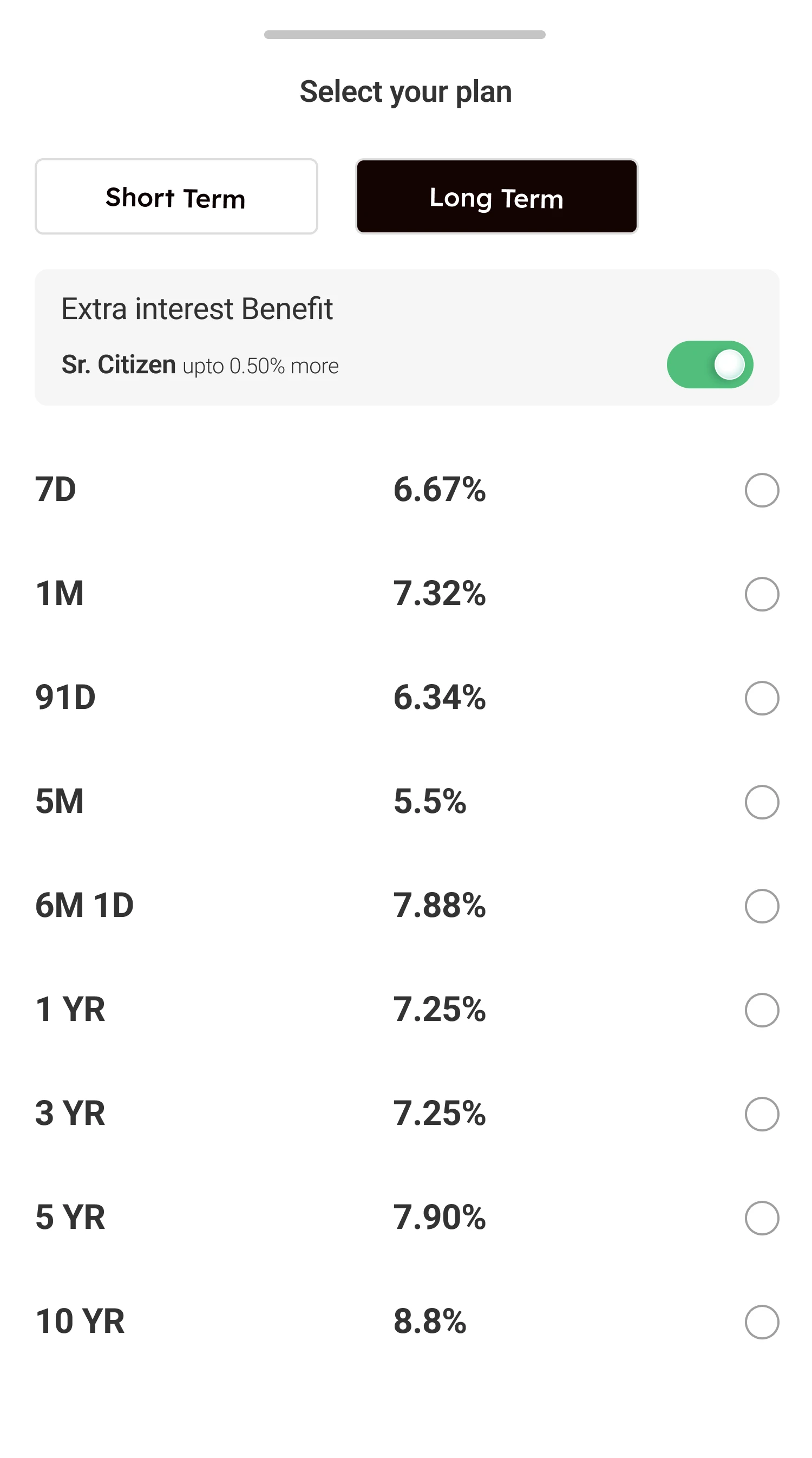 Select your plan sheet with Short Term and Long Term tabs and tenures with interest rates in one column.