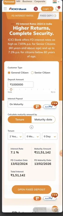 Existing separate FD rate calculator showing interest rate, maturity amount and total interest.
