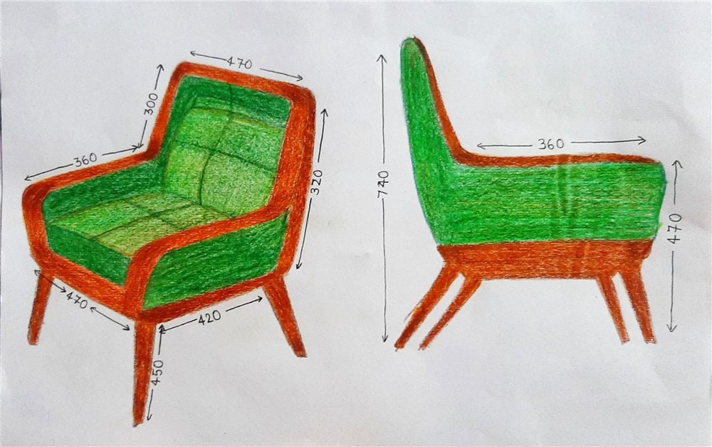 Coloured pencil drawing of a green upholstered armchair with a wooden frame and dimensions