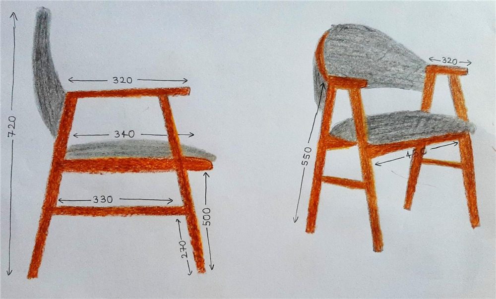 Coloured pencil drawing of a wooden armchair with grey upholstery and dimensions
