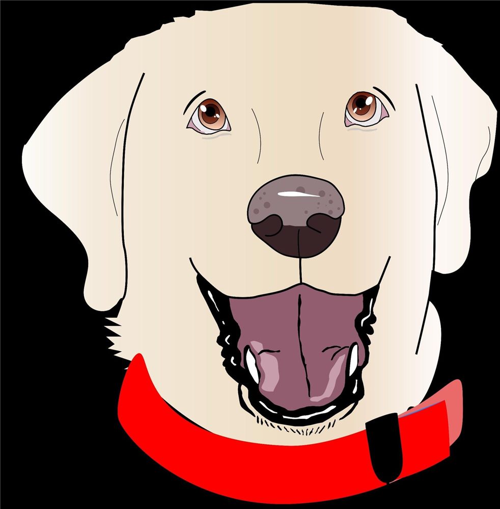 Digital illustration of a cream Labrador with a red collar