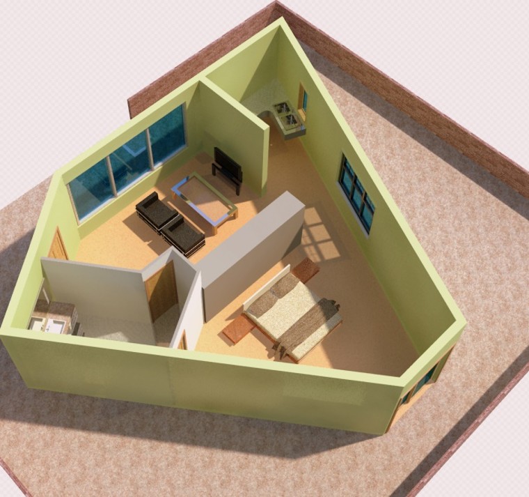 3D rendered floor plan of a small apartment, showing the living and sleeping areas