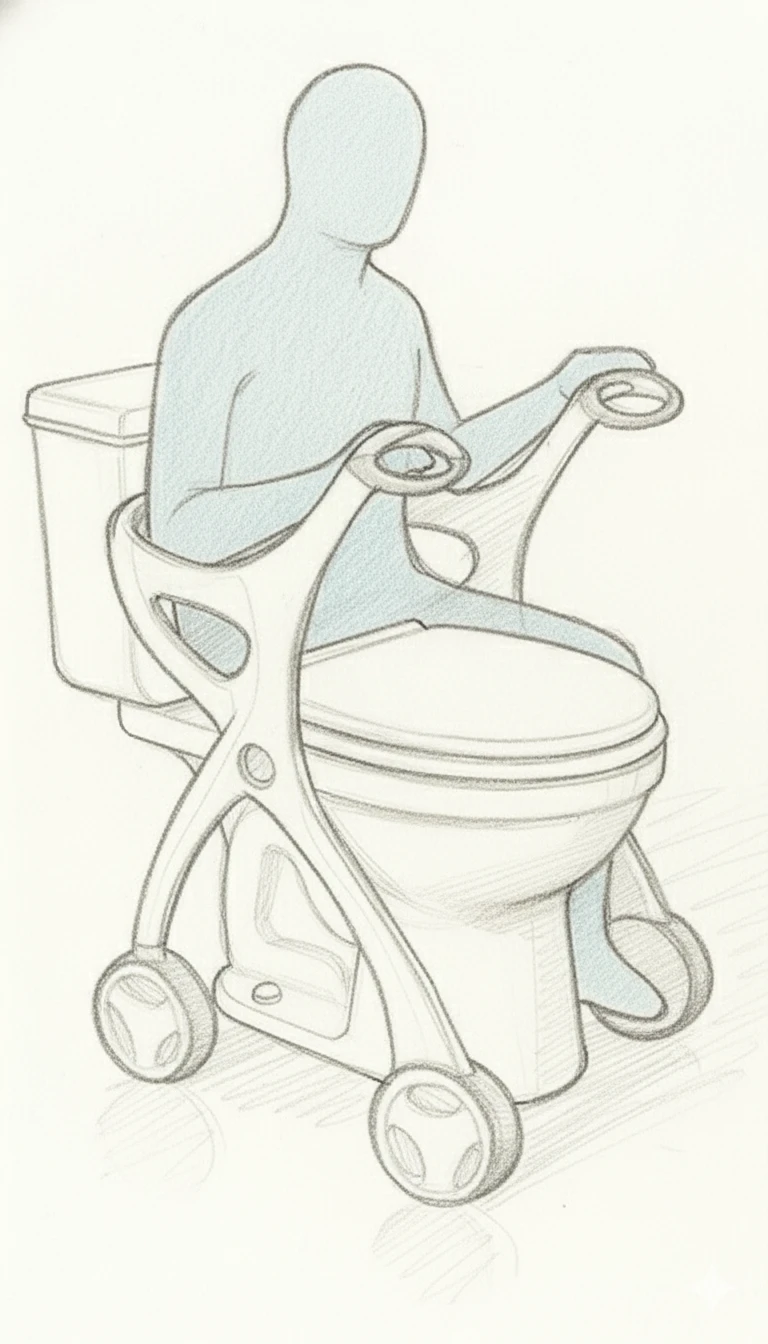 Concept sketch of a wheeled mobility aid built around a toilet seat