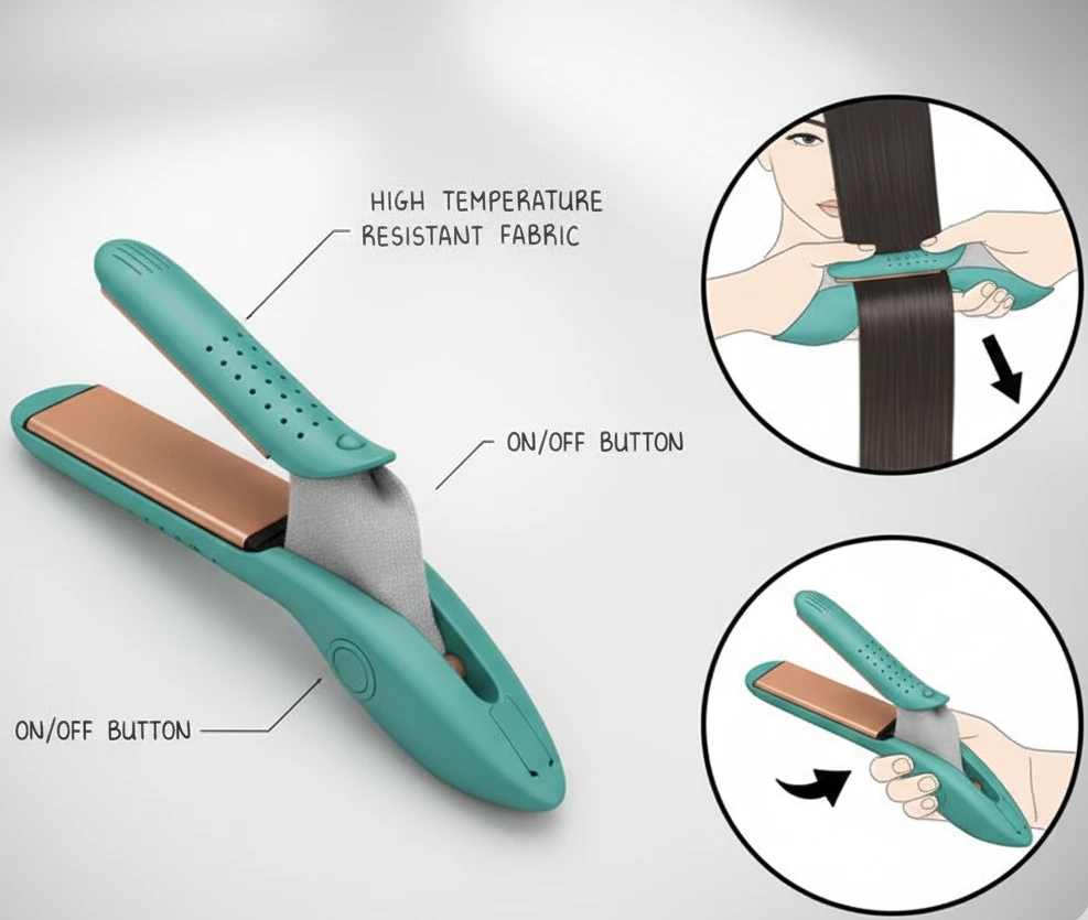 Rendered concept of a teal hair straightener with a heat resistant fabric grip, with two small circles showing how it is held