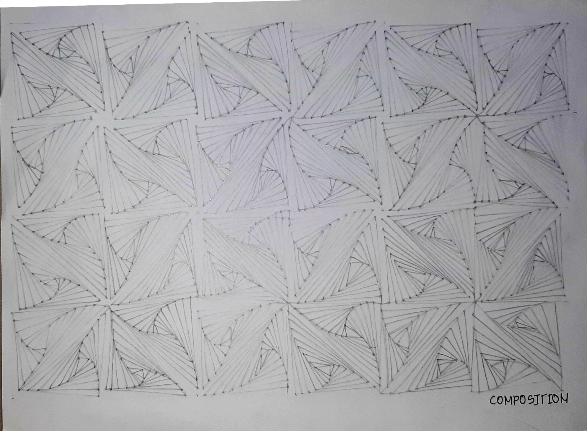 Hand made geometric string art composition in a grid of triangles
