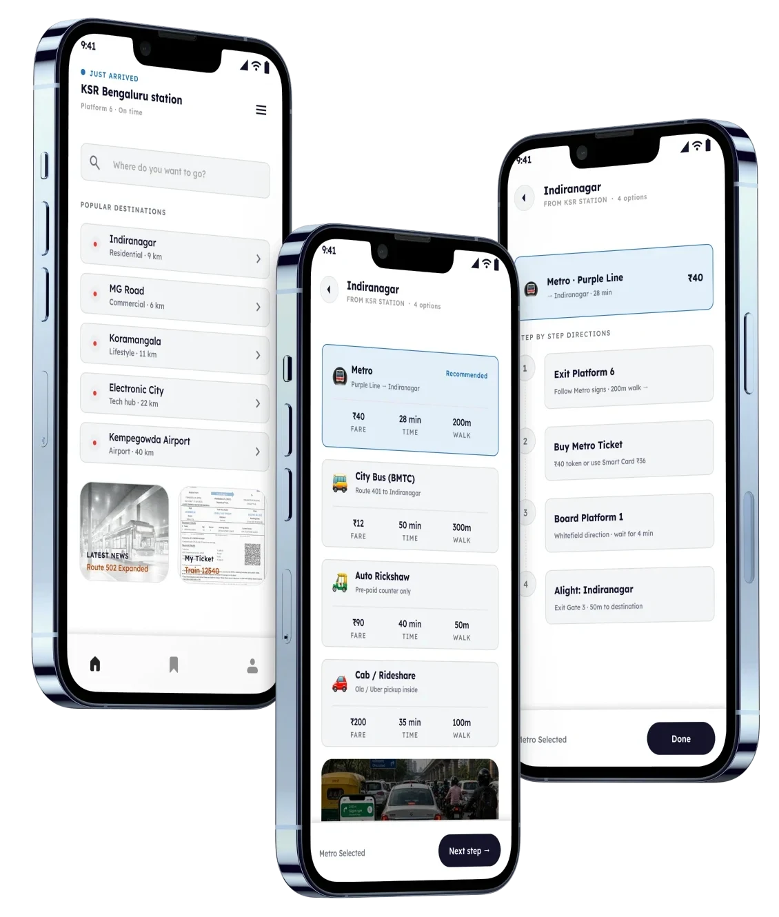 The Last Mile screens: destination first, a comparison of metro, bus, auto and cab, and step by step directions