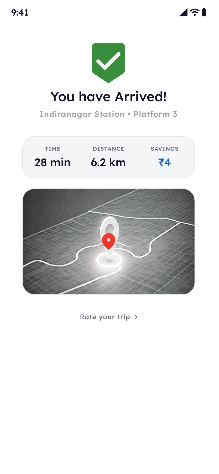 Last Mile arrival confirmation. You have arrived, Indiranagar station, Platform 3, with time, distance and a map, and a Rate your trip link.