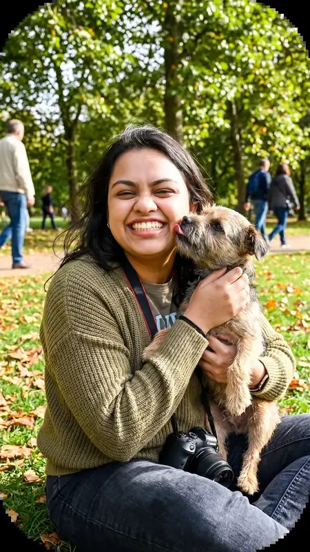 Vedanshi outdoors in a park, laughing with a small dog in her arms
